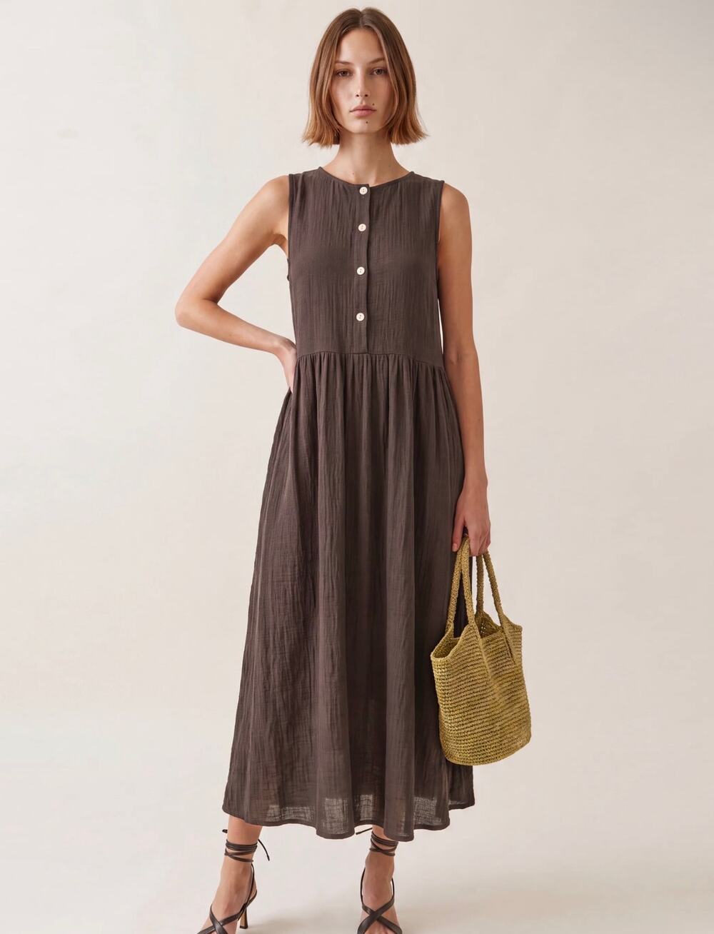 New caara Eileen Cotton gauze Dress coffee brown $172 Sz small